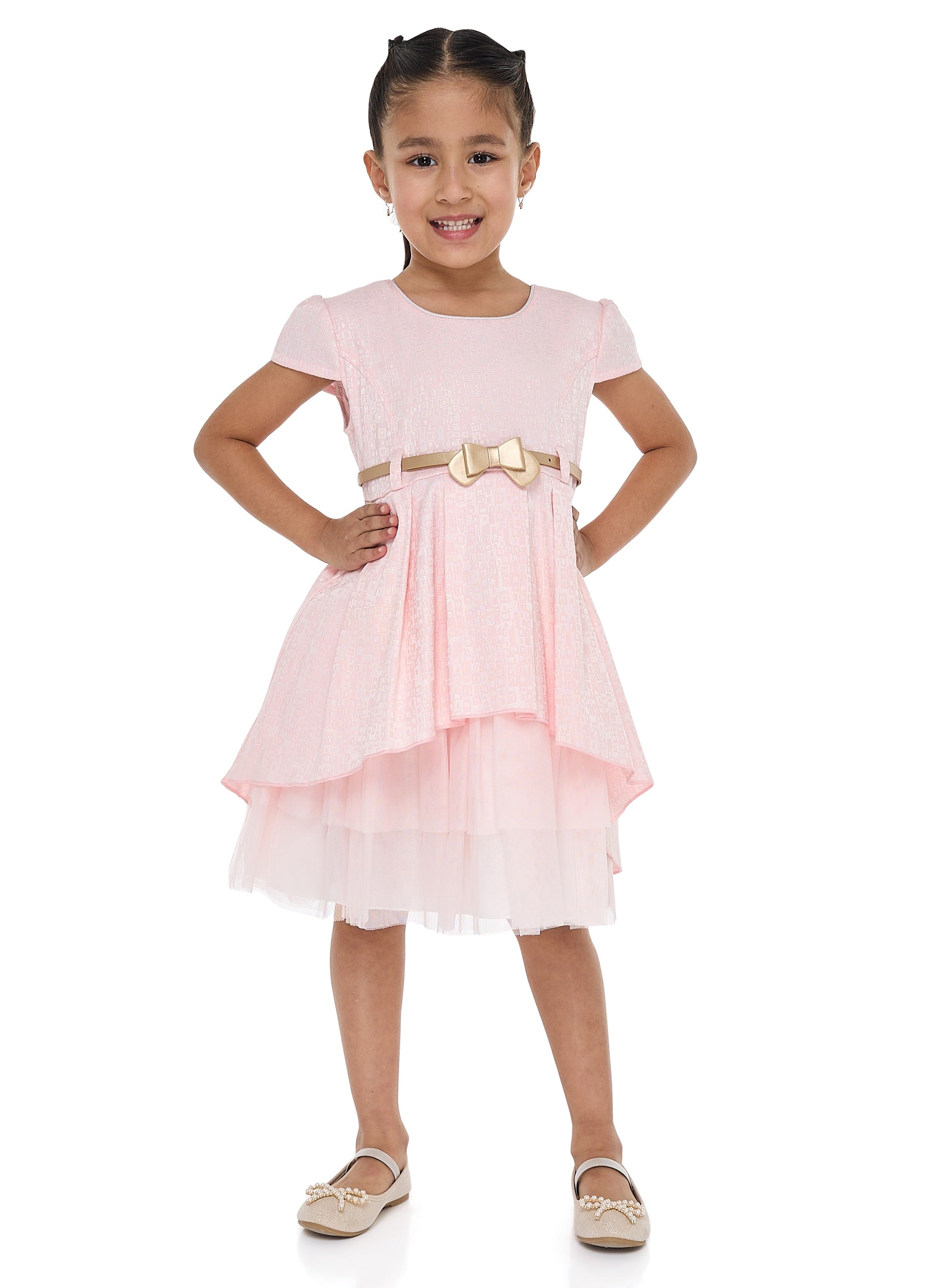Girls Elegant Lt Pink/Gold Jacquard & Tulle Party Dress