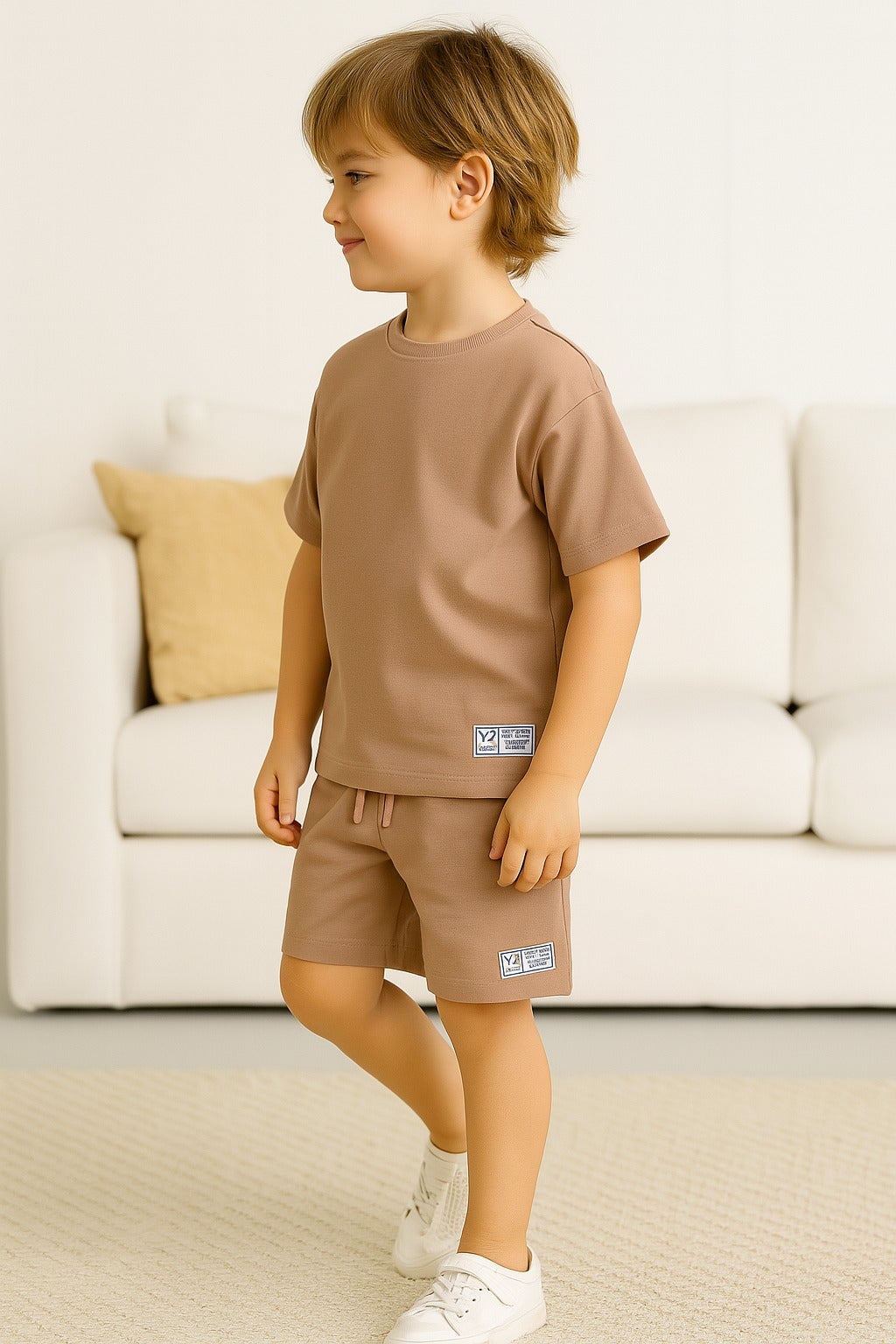 Boys Cotton Interlock Tee & Shorts Set – Khaki