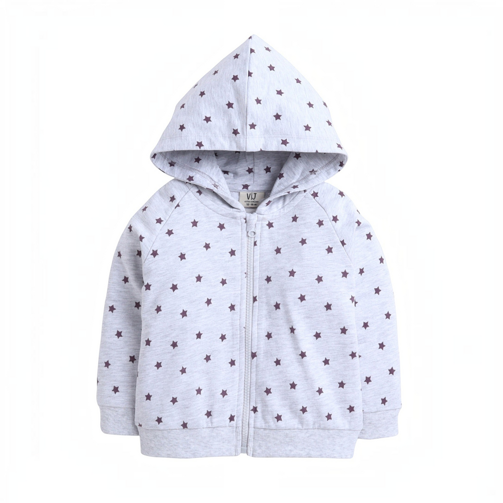 victor and jane grey zip-up hoodie for girls featuring a small purple star print and comfortable hood