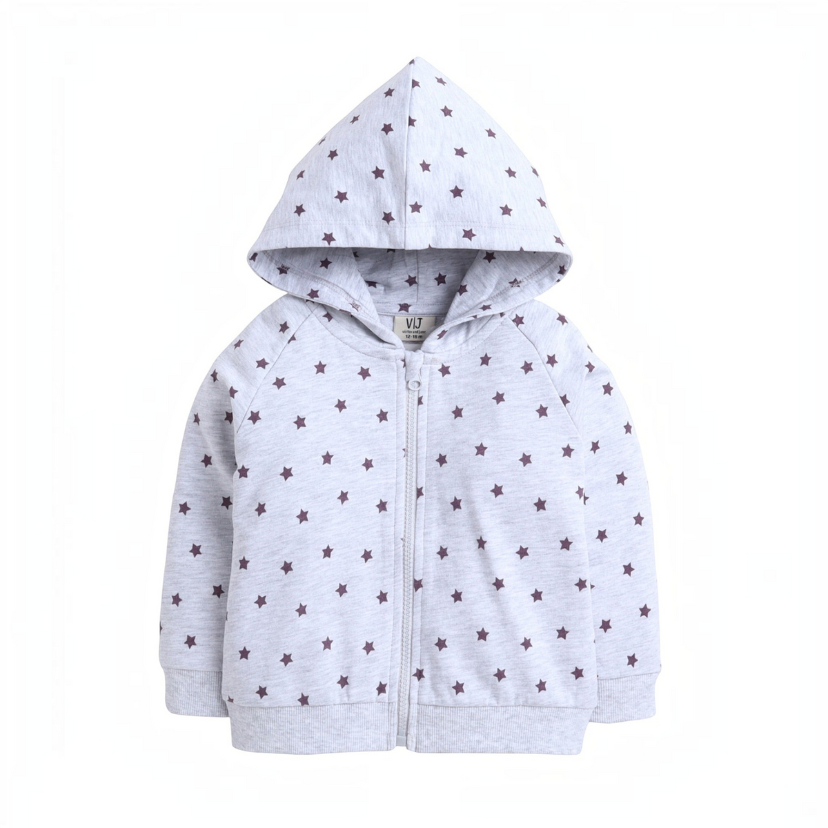 victor and jane grey zip-up hoodie for girls featuring a small purple star print and comfortable hood