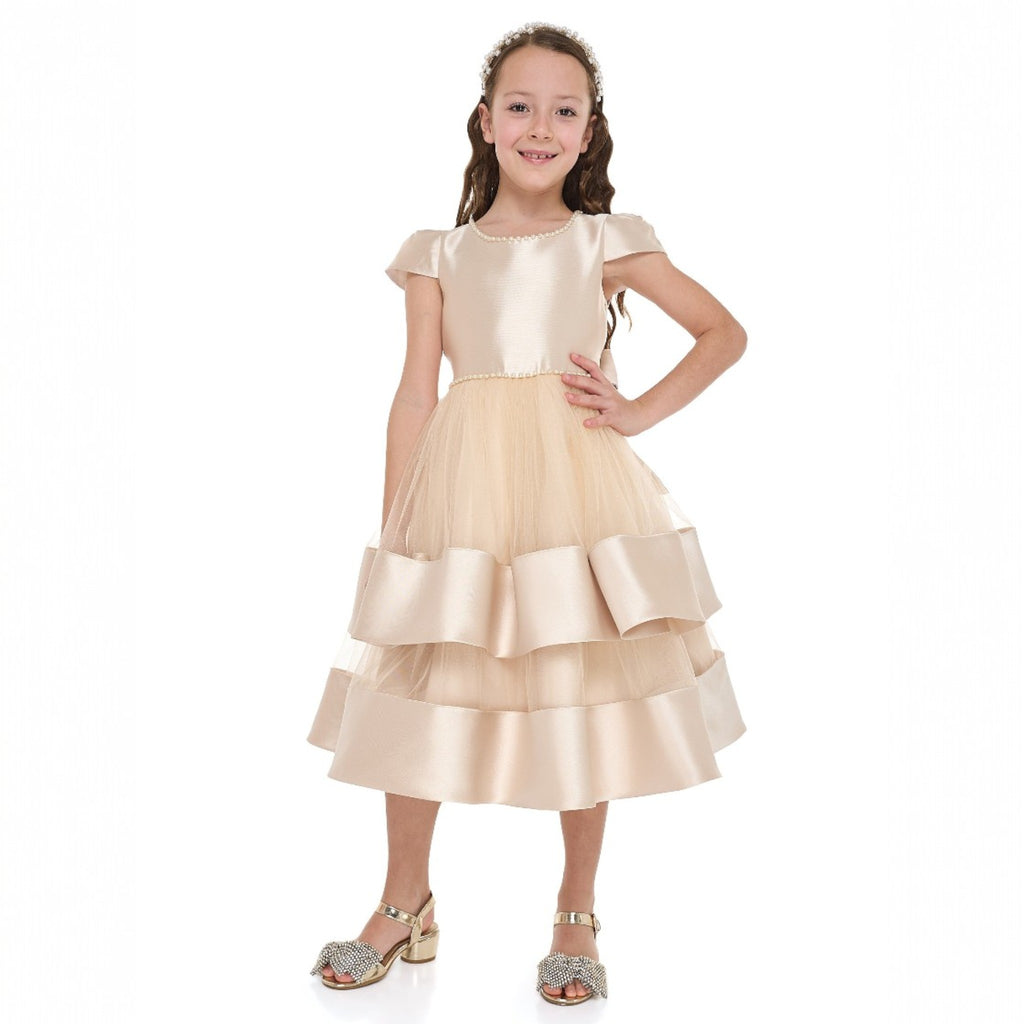 Chic Champagne Satin  Party Dress With Mesh & Decoration