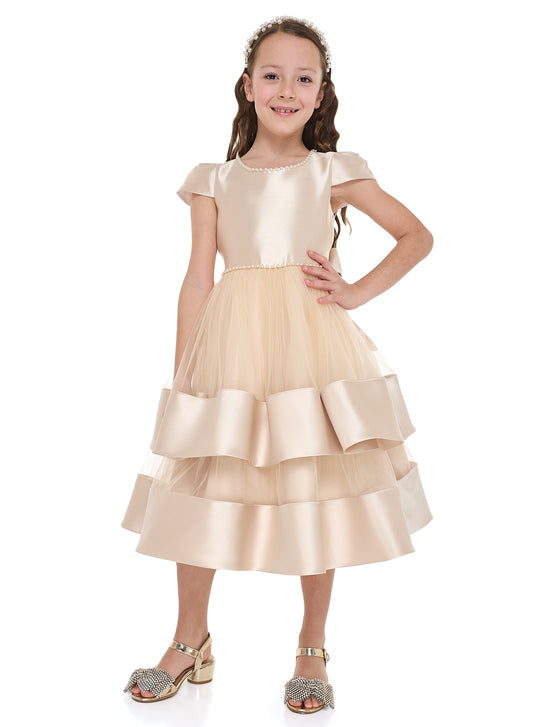 Chic Champagne Satin  Party Dress With Mesh & Decoration