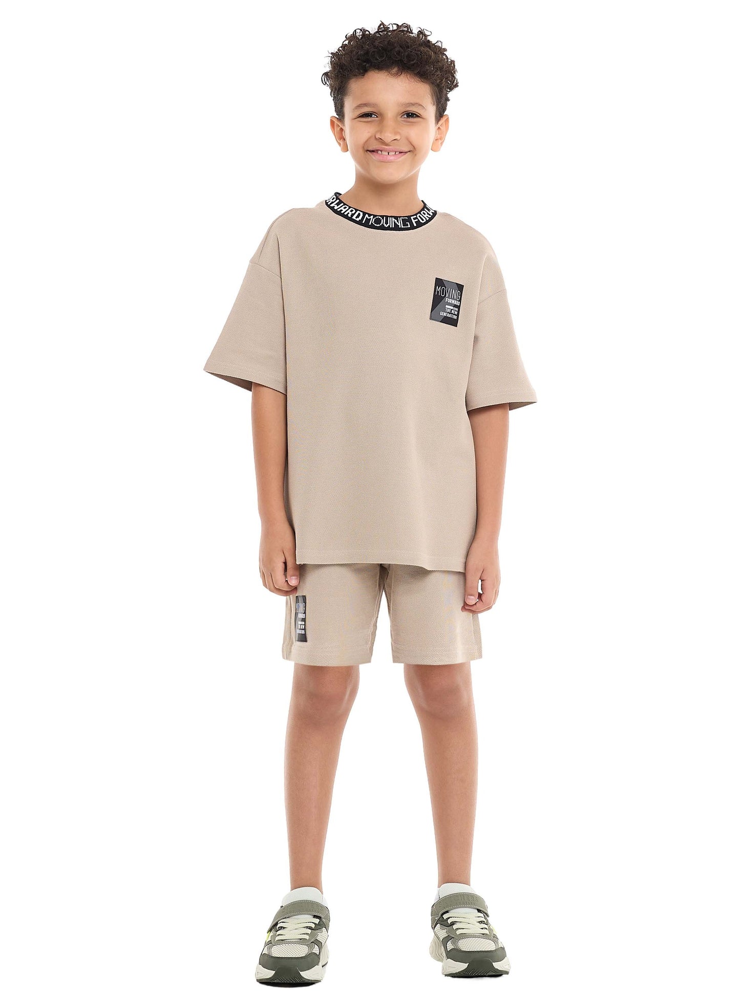 Victor and Jane Boys' Cord Set – Beige T-Shirt and Shorts Outfit with Label Detail