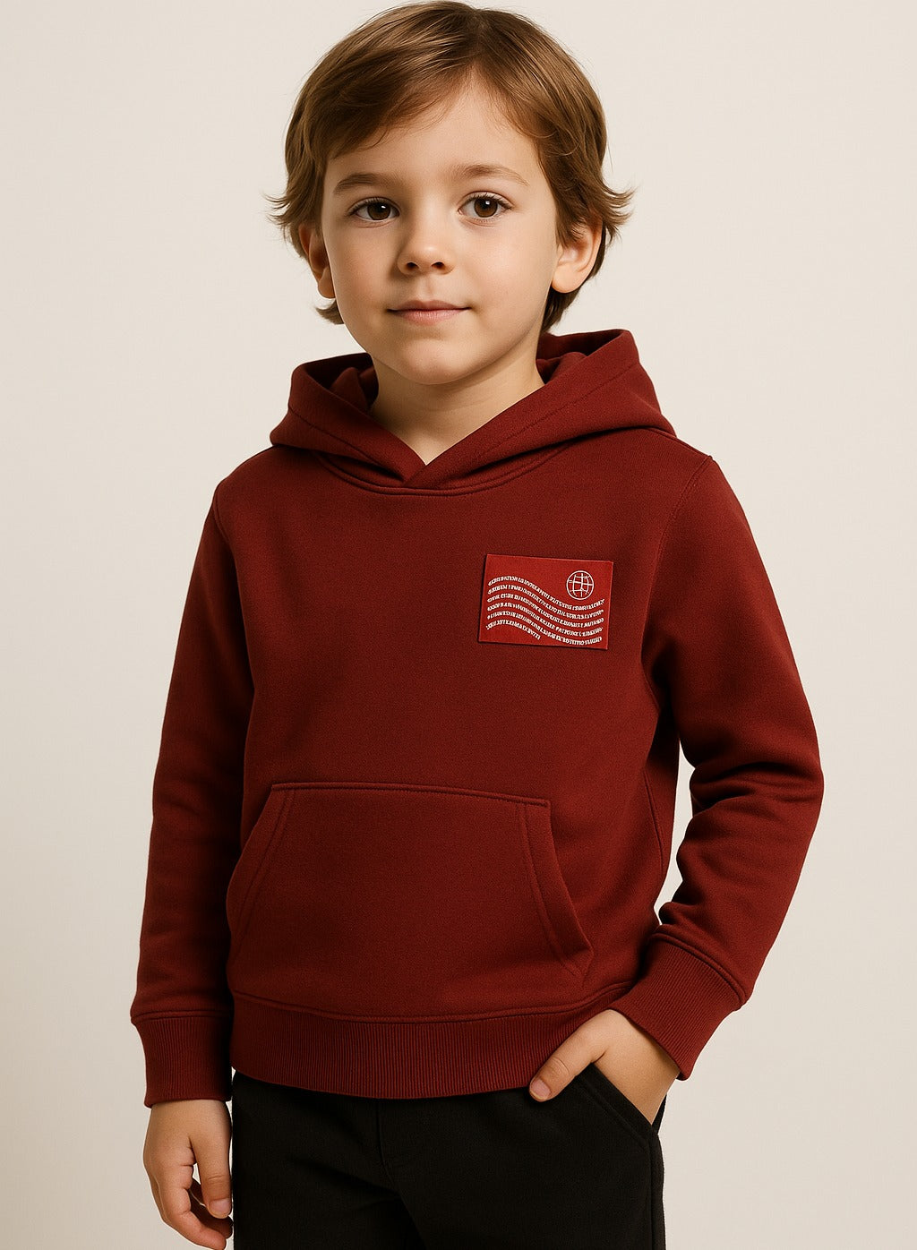 Boys' Maroon "Worldwide" Printed Hooded Sweatshirt