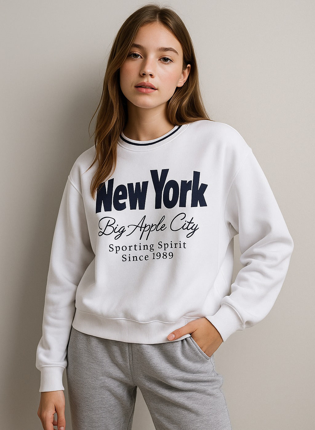 “New York Big Apple” Contrast Rib Sweatshirt – 100% Cotton Fleece