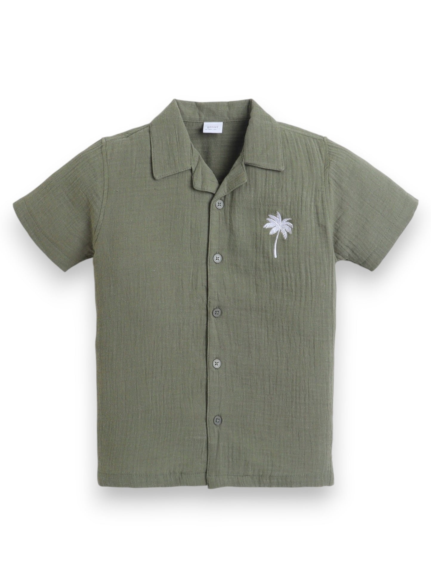 Boys' Casual Cotton Shirt & Shorts Set with pocket Embroidery Motif – Short Sleeve Outfit - Olive