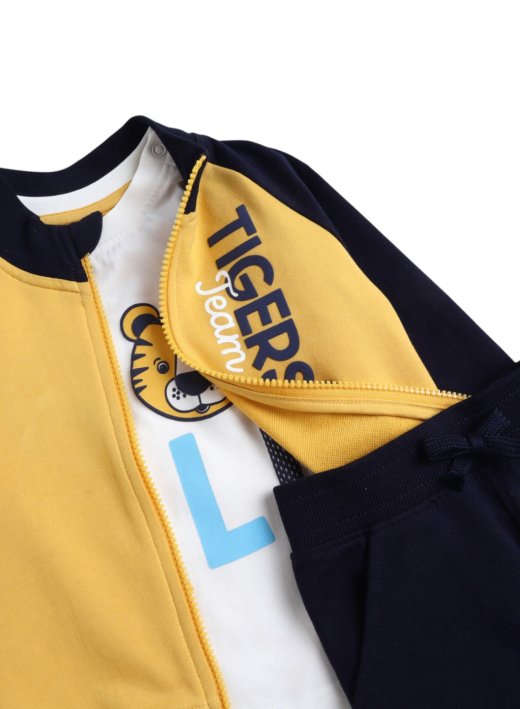 Victor And Jane Cotton Fleece Tigers Team Graphic Full Sleeves Jacket And Joggers Set With T-Shirt - Navy Blue/Yellow/White