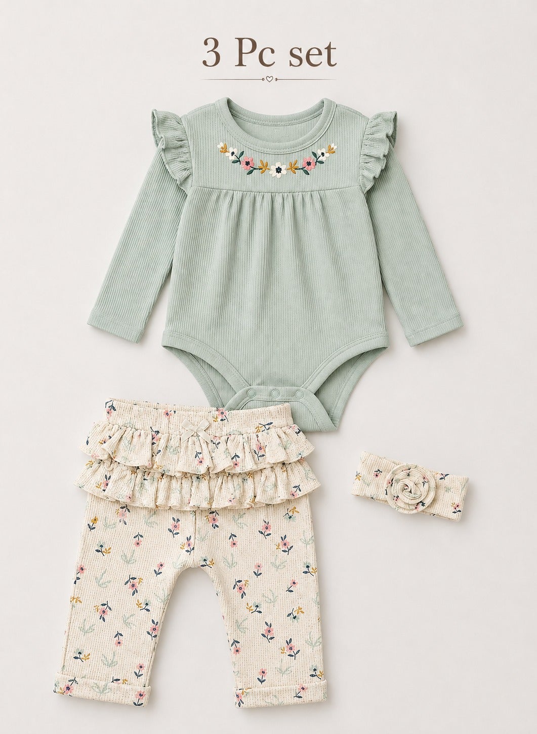 Baby Girls Long Sleeve Bodysuit & Ruffle Pants Set with Headband (3-Piece Set)