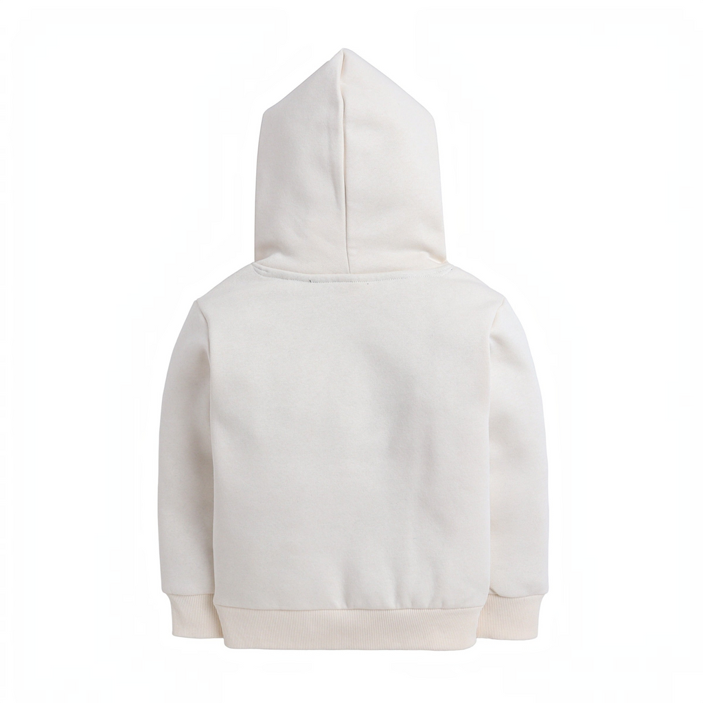 Back view of a plain cream-colored girls hoodie by victor and jane with ribbed cuffs and hem.