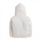 Back view of a plain cream-colored girls hoodie by victor and jane with ribbed cuffs and hem.