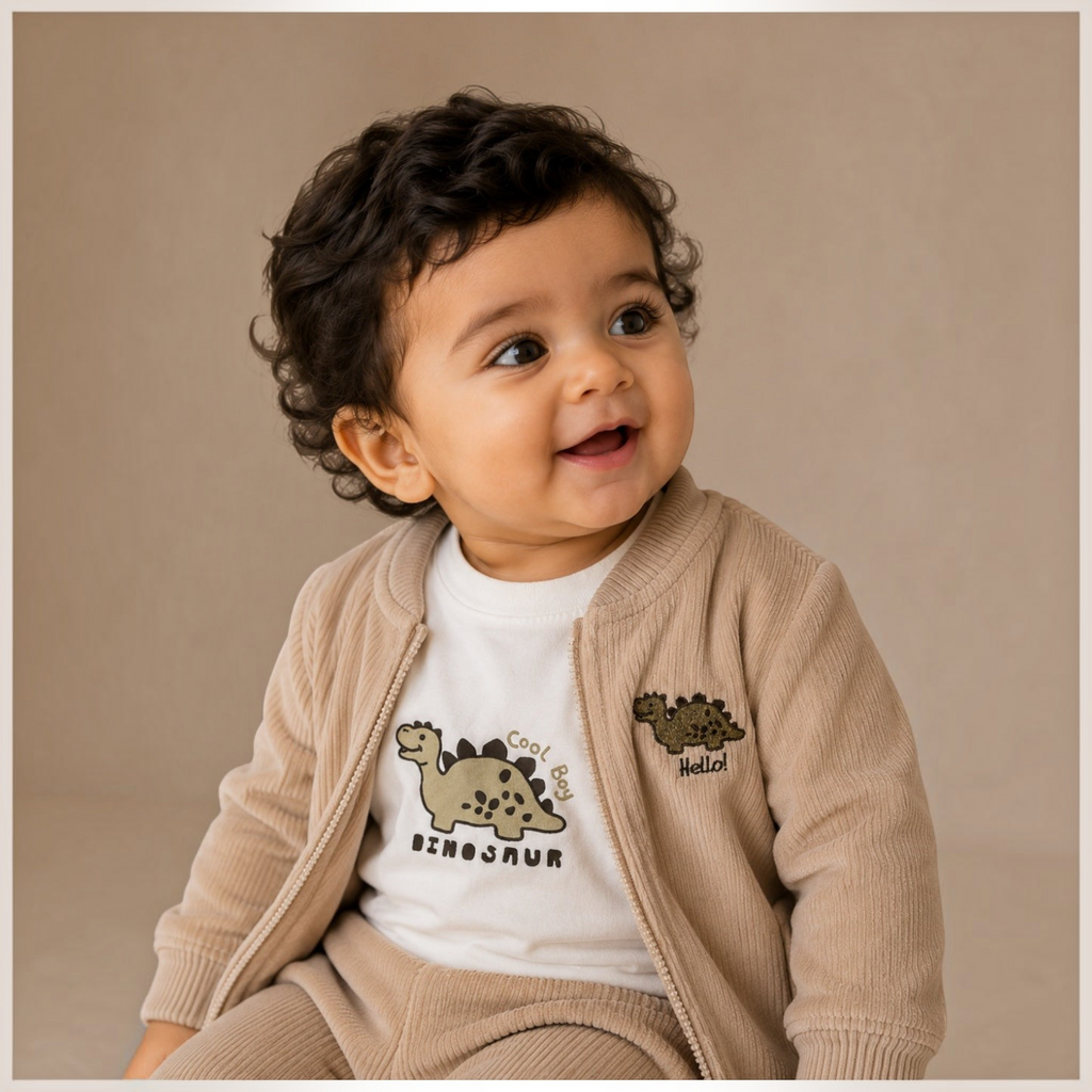 victor and jane 3-piece set featuring a beige corduroy zip jacket and white dinosaur graphic t-shirt on a toddler