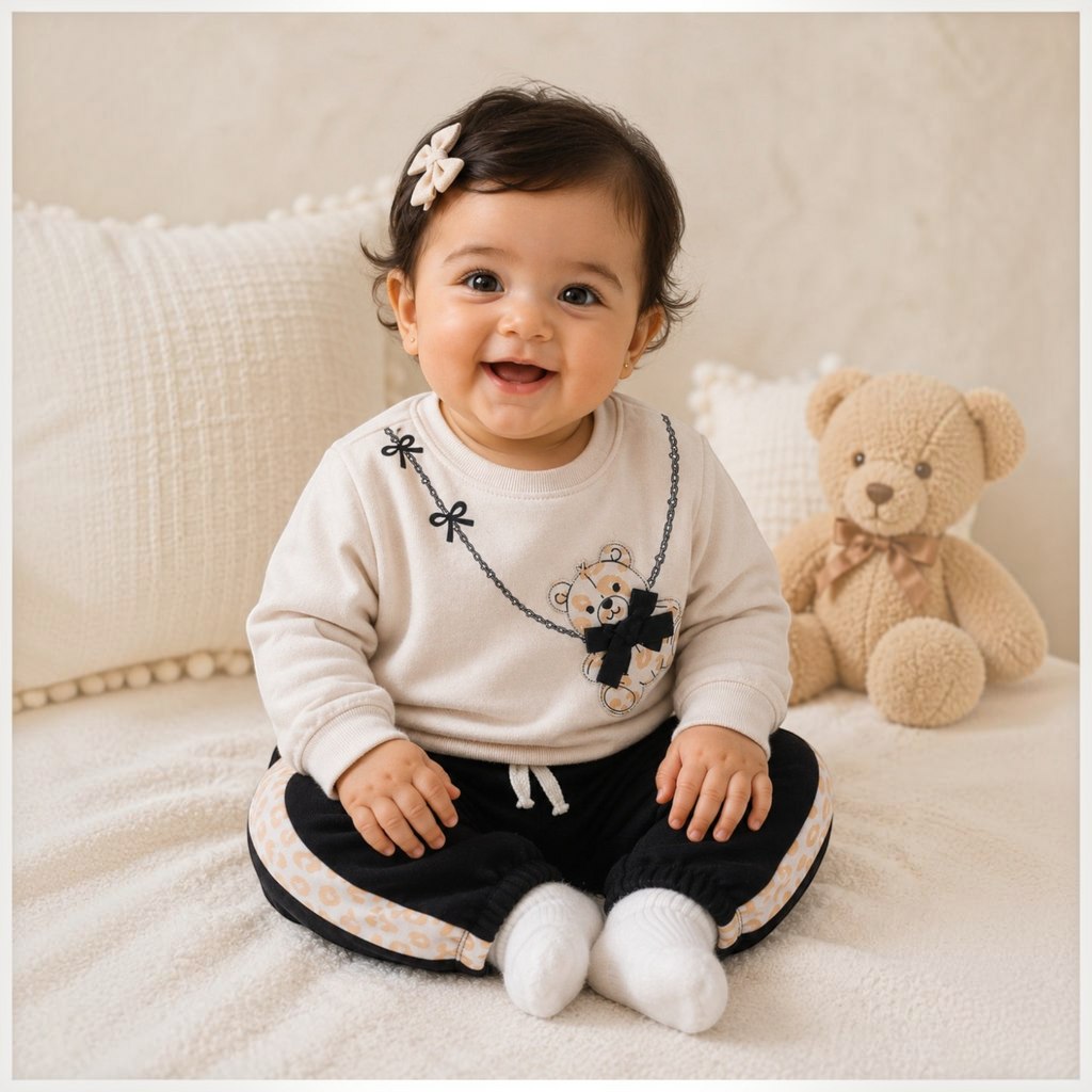 victor and jane girls cotton french terry sweatshirt and jogger set with bear graphic and leopard print side stripe