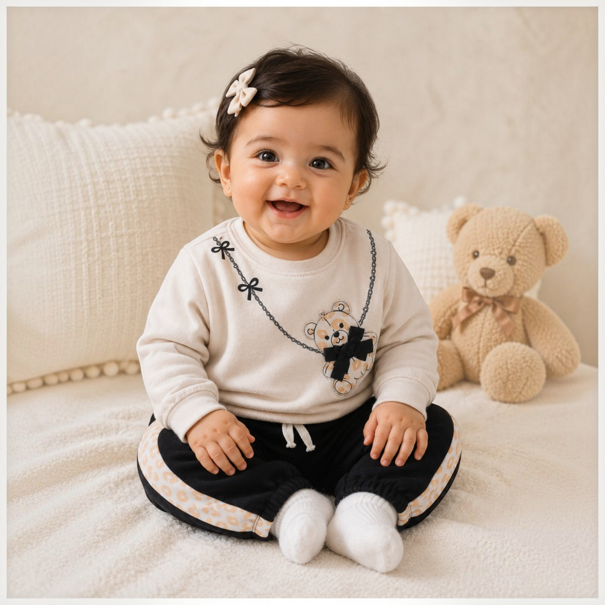 victor and jane girls cotton french terry sweatshirt and jogger set with bear graphic and leopard print side stripe