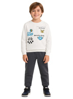 Victor And Jane Cotton Riding Theme Print Full Sleeves Sweatshirt & Joggers Set - White & Grey