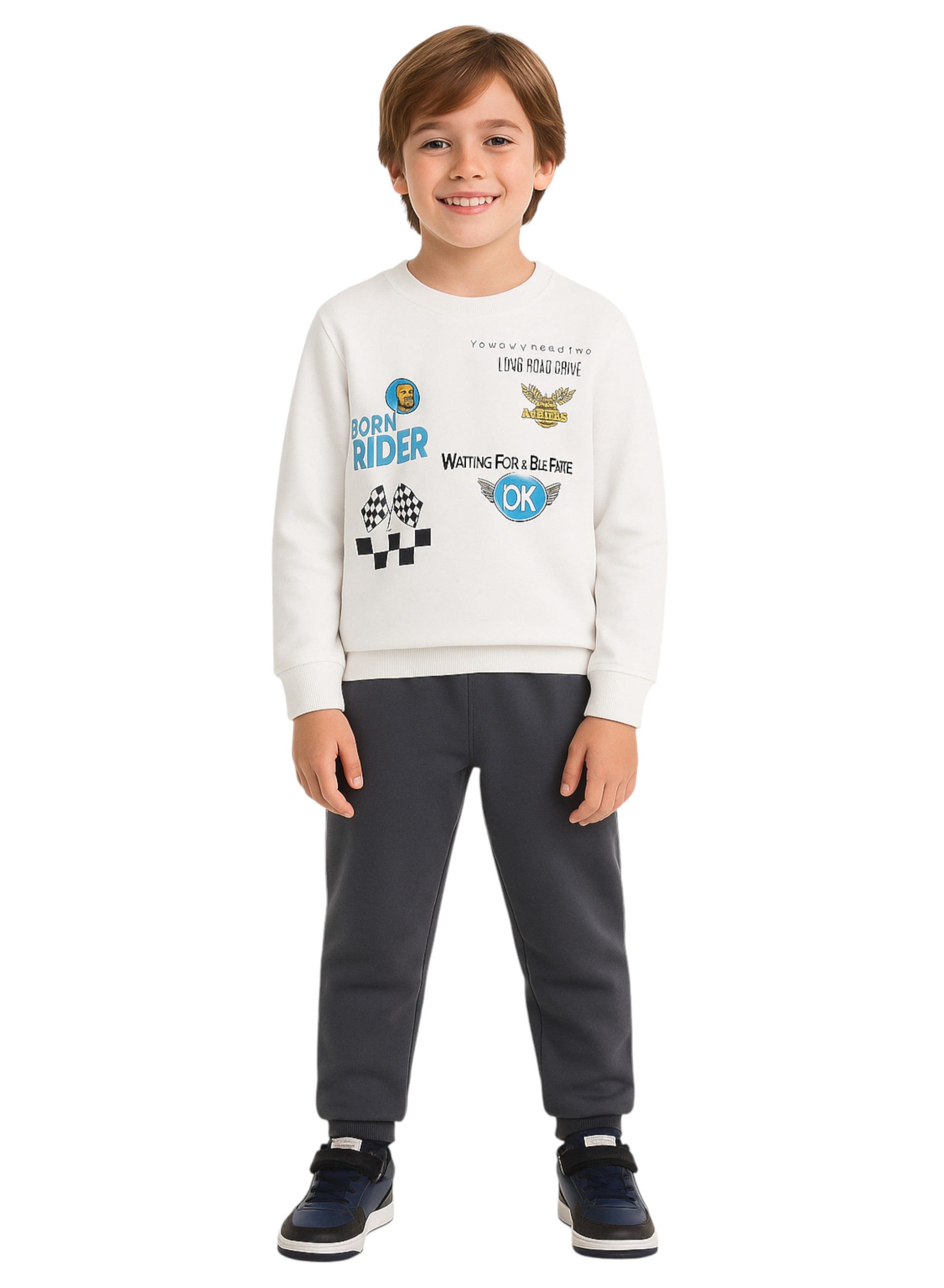 Victor And Jane Cotton Riding Theme Print Full Sleeves Sweatshirt & Joggers Set - White & Grey