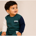 victor and jane boys 2-piece cotton french terry sweatshirt and jogger set in green, navy, and white with graphic
