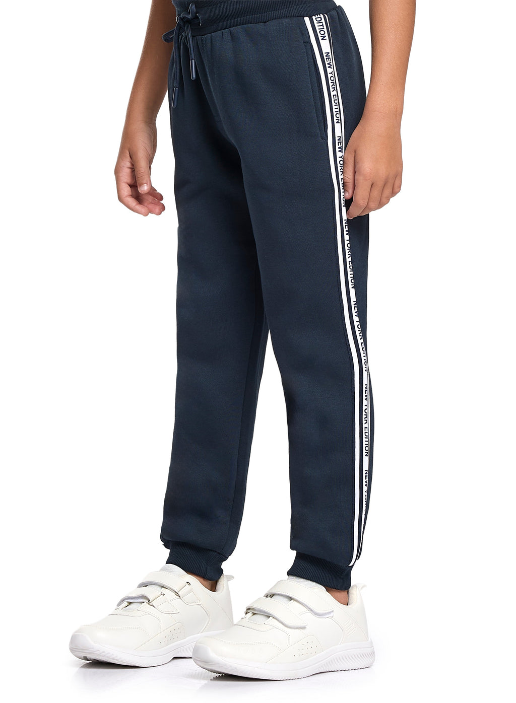 Victor And Jane Cotton Ny Badge Graphic & Side Tape Detailed Full Sleeves Hoodie & Joggers Co-Ord Set - Navy Blue