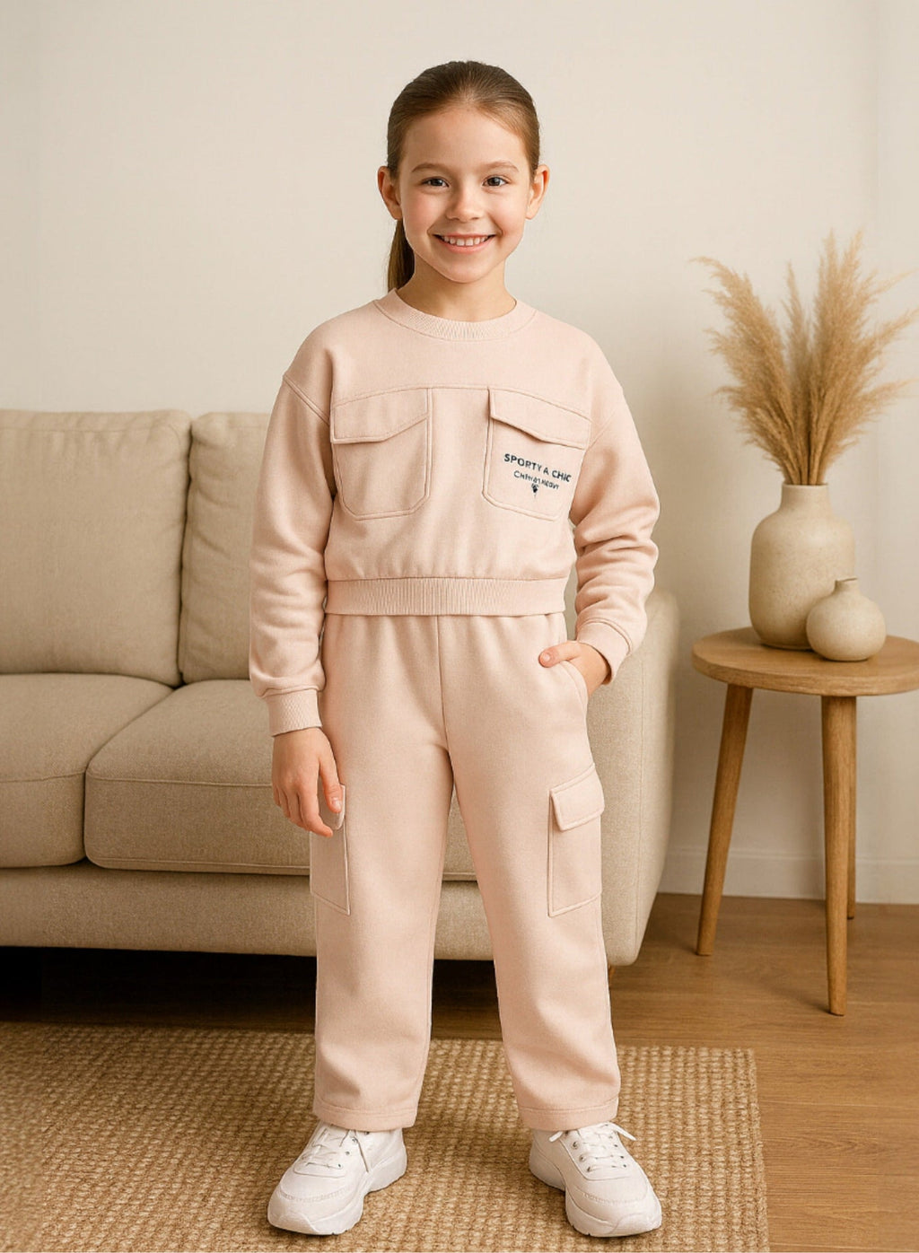 Girls Cargo Pocket Fleece Tracksuit “ Pink 2-Piece Set