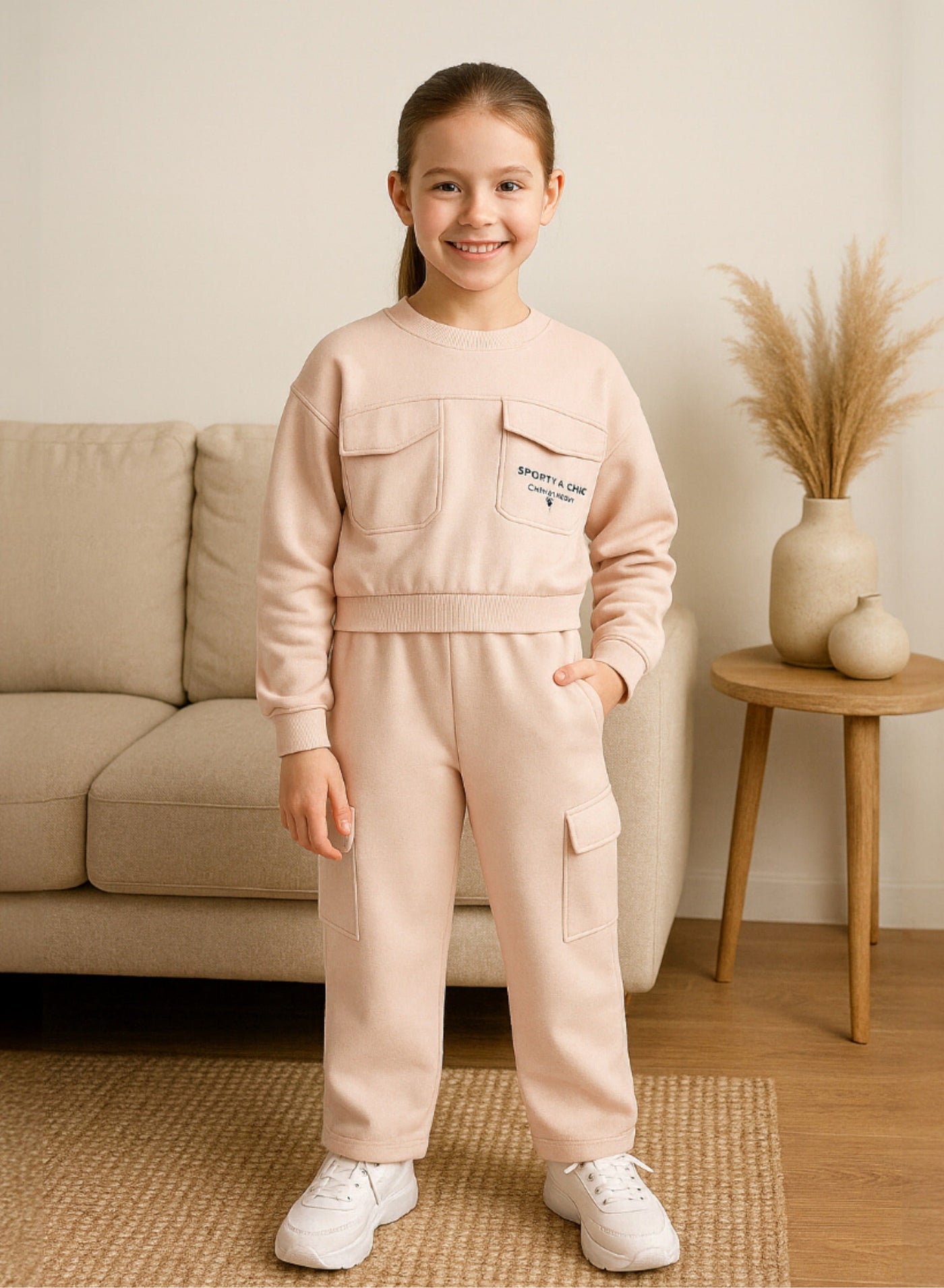 Girls Cargo Pocket Fleece Tracksuit “ Pink 2-Piece Set