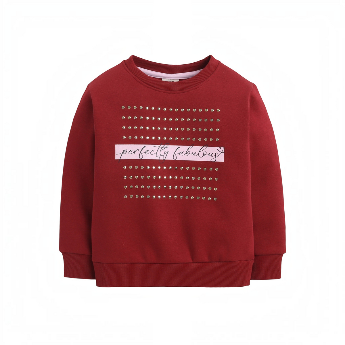 victor and jane girls burgundy sweatshirt with gold stud embellishments and perfectly fabulous graphic print