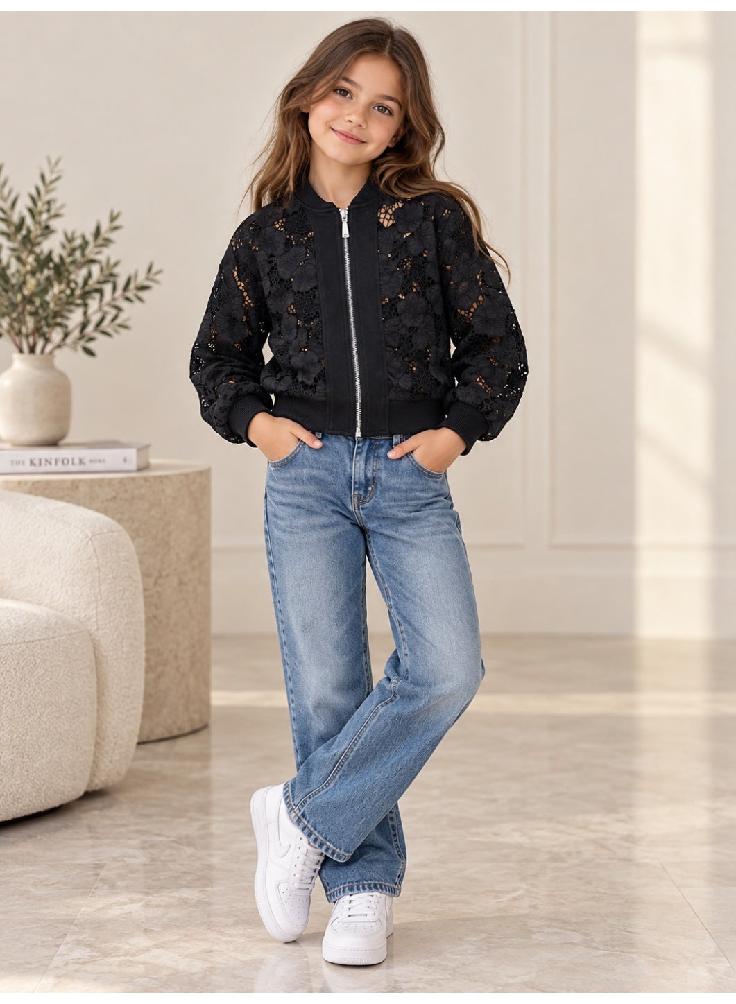 Girls Floral Lace full Zip Bomber Casual Jacket