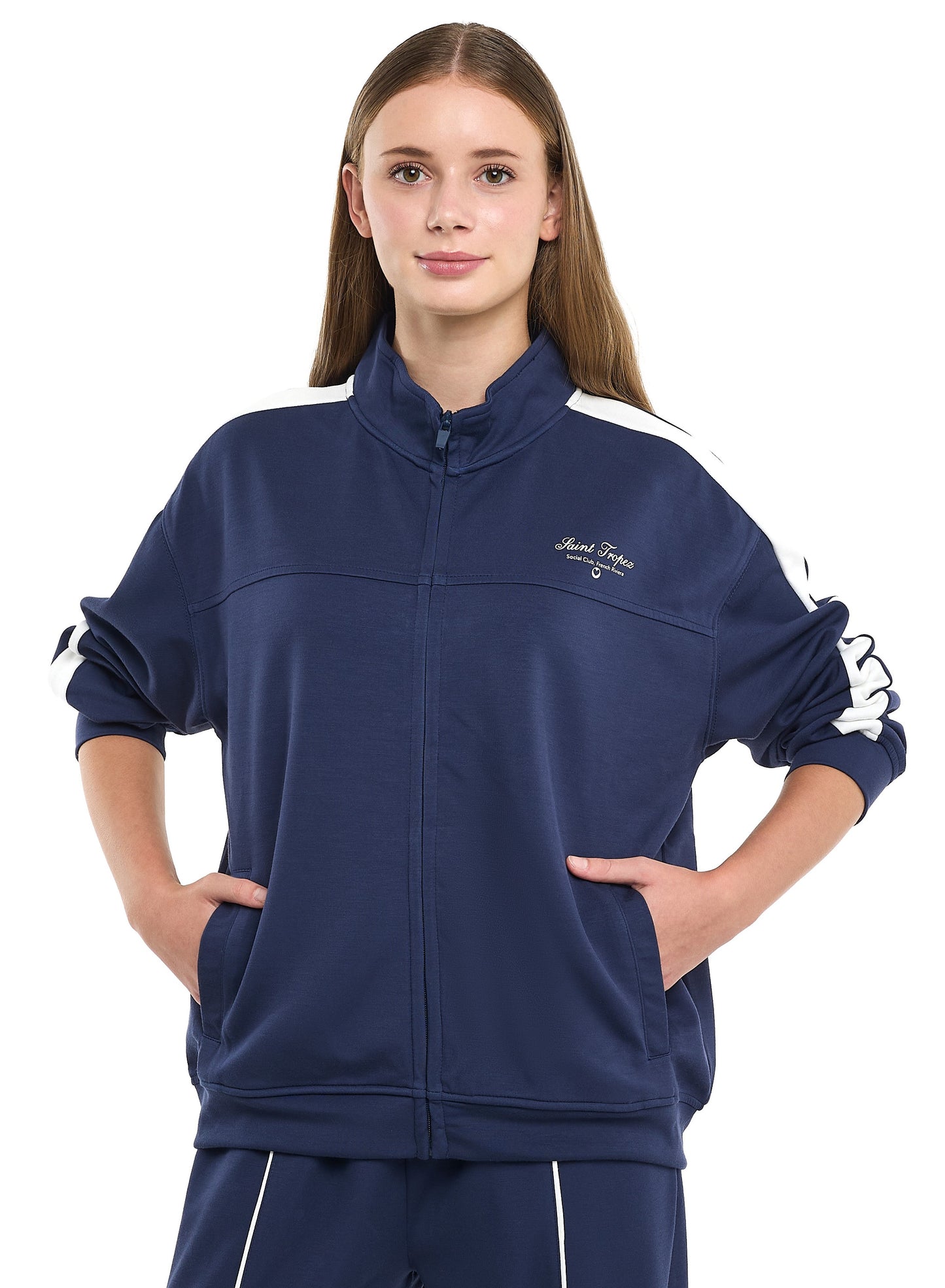 Ladies Navy Striped Track Set – Zip-Up Jacket & Joggers