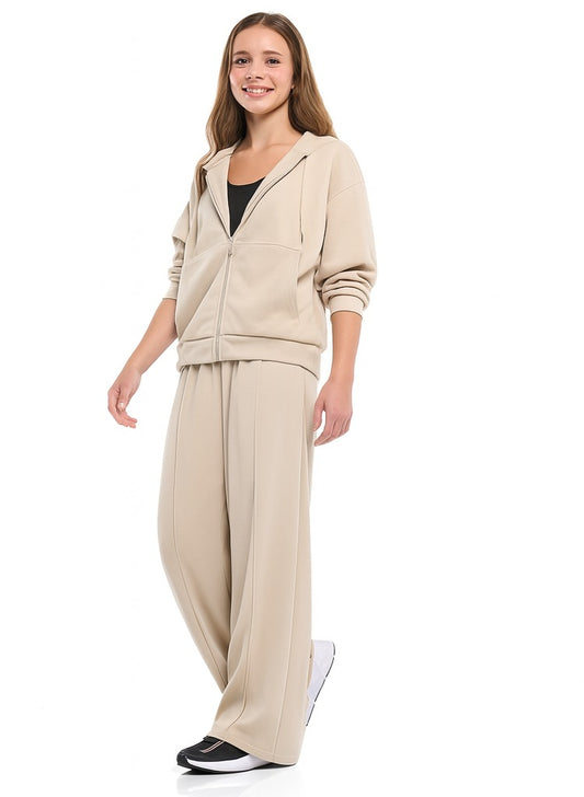 Girls 2 Piece Set- Beige Zip-Up Hoodie & Wide-Leg Trousers Set