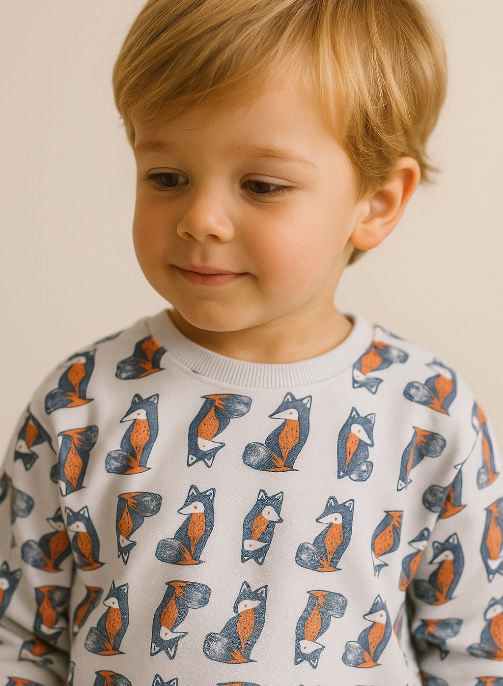 Boys Fox Adventure Fleece Tracksuit – Cream & Navy 2-Piece Set