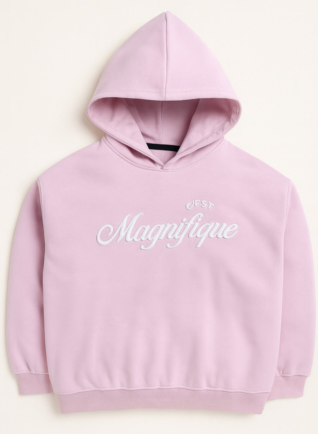 “C'est Magnifique” Graphic Hoodie for Girls – Blush Pink | 100% Cotton Fleece |