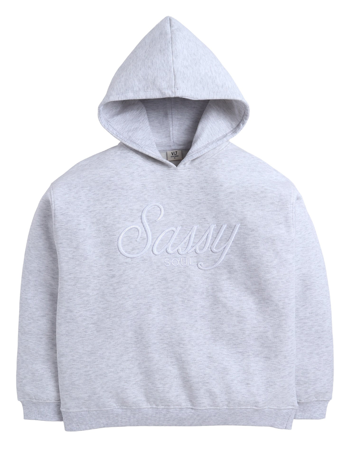“Sassy Soul” Girls' Graphic Hoodie – Heather Grey | 100% Cotton Fleece |