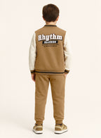 Victor And Jane Cotton Rhythm Printed Full Sleeves Varsity Jacket & Joggers Co-Ord Set - Brown