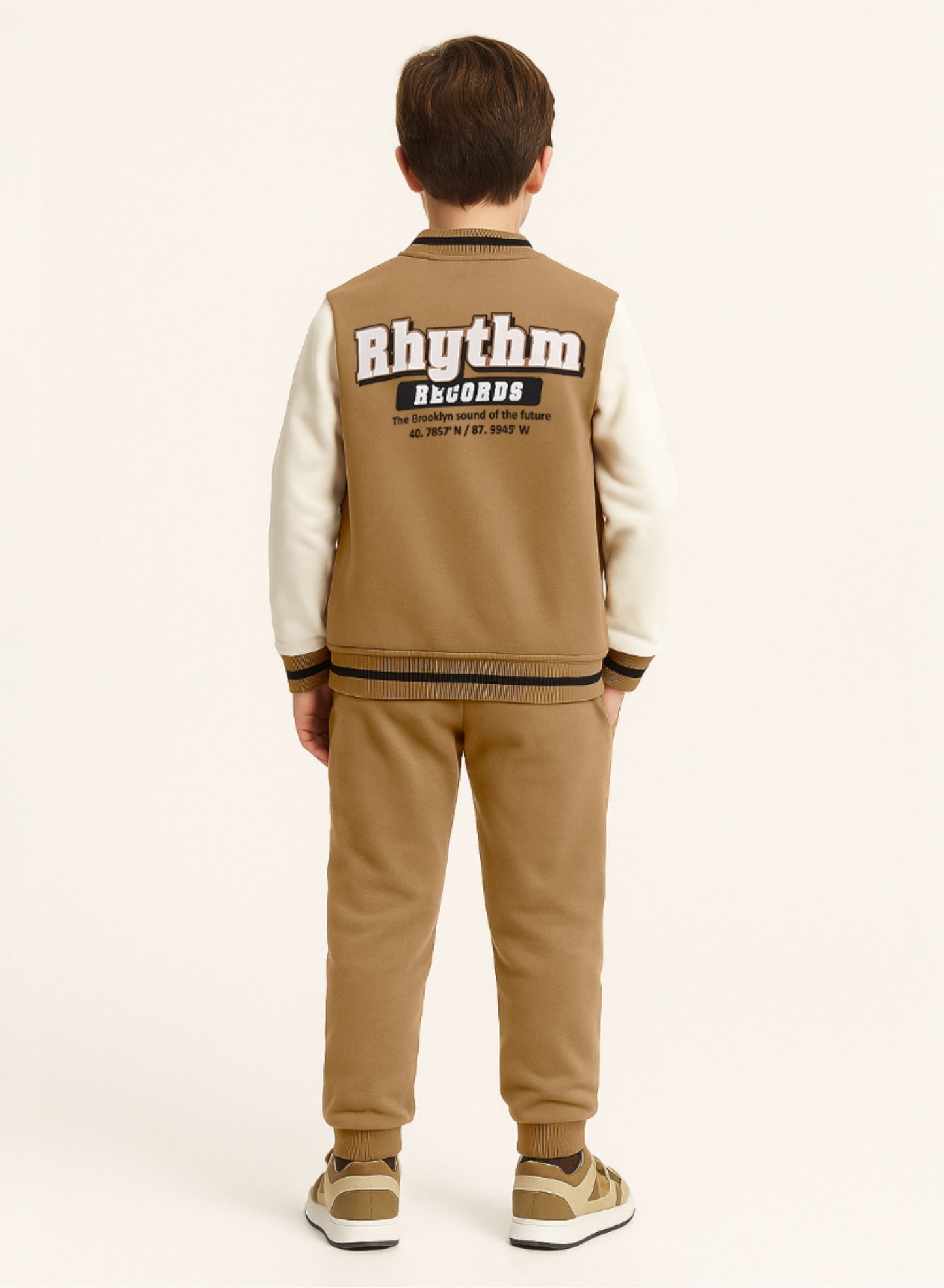 Boys’ Stylish Varsity Tracksuit – Brown Rhythm Print Jacket & Joggers