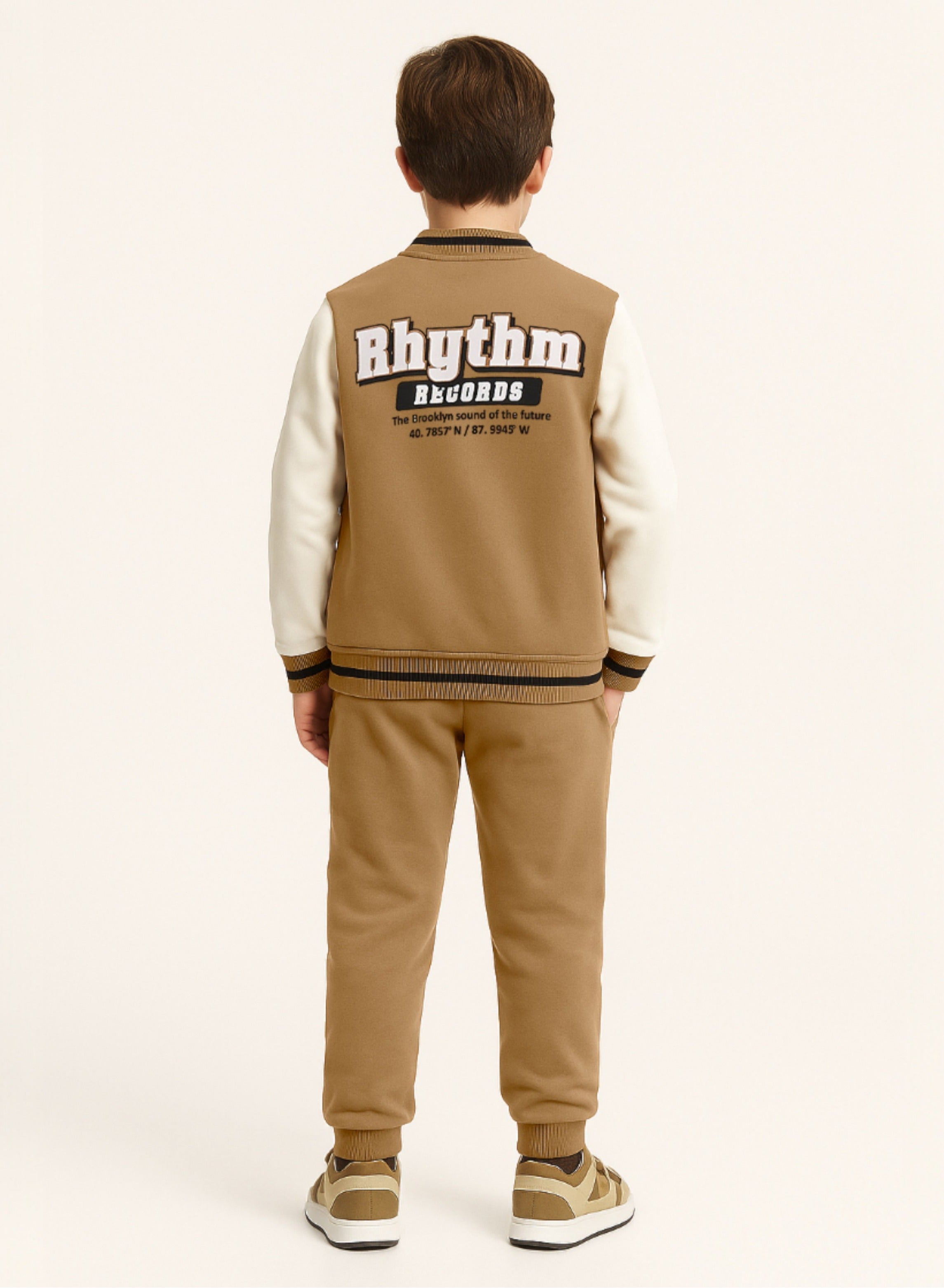 Victor And Jane Cotton Rhythm Printed Full Sleeves Varsity Jacket & Joggers Co-Ord Set - Brown