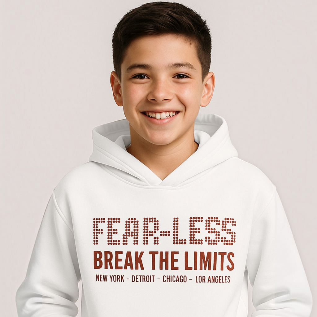 A smiling boy wearing a white victor and jane hooded sweatshirt with Fear-Less Break The Limits graphic print.