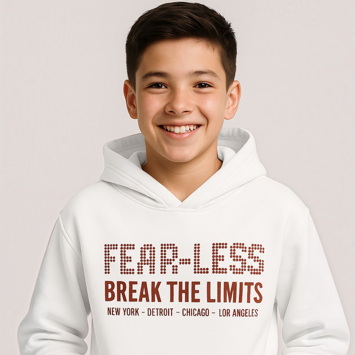 A smiling boy wearing a white victor and jane hooded sweatshirt with Fear-Less Break The Limits graphic print.