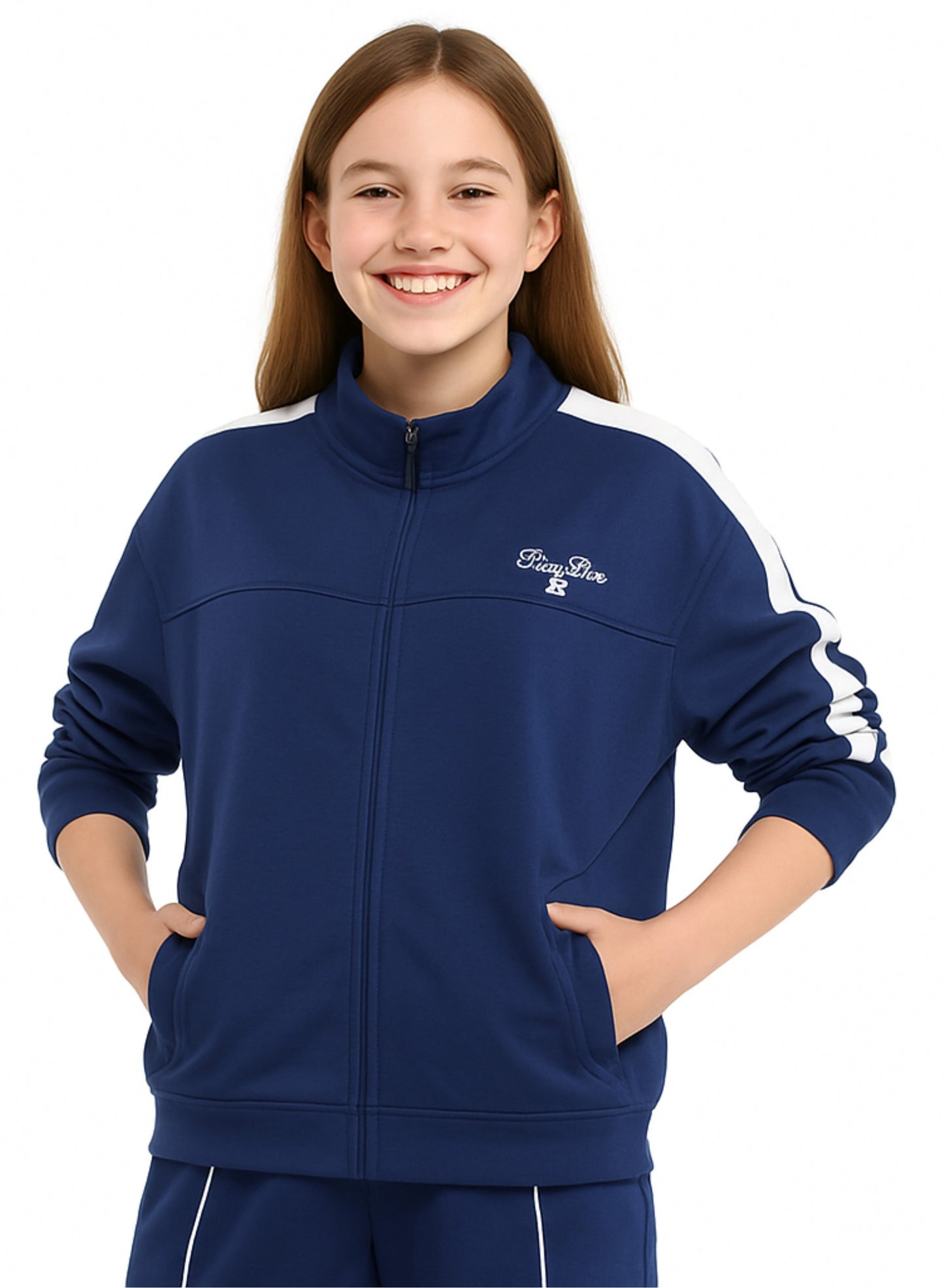 Girls’ Navy Striped Track Set – Zip-Up Jacket & Joggers