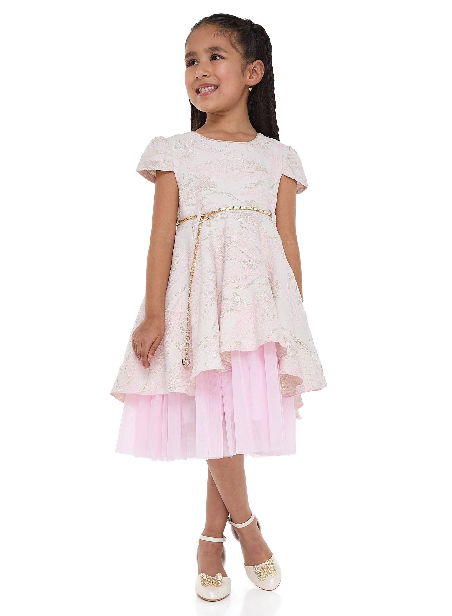 Girls Chic Pink/Gold Jacquard & Tulle Party Dress