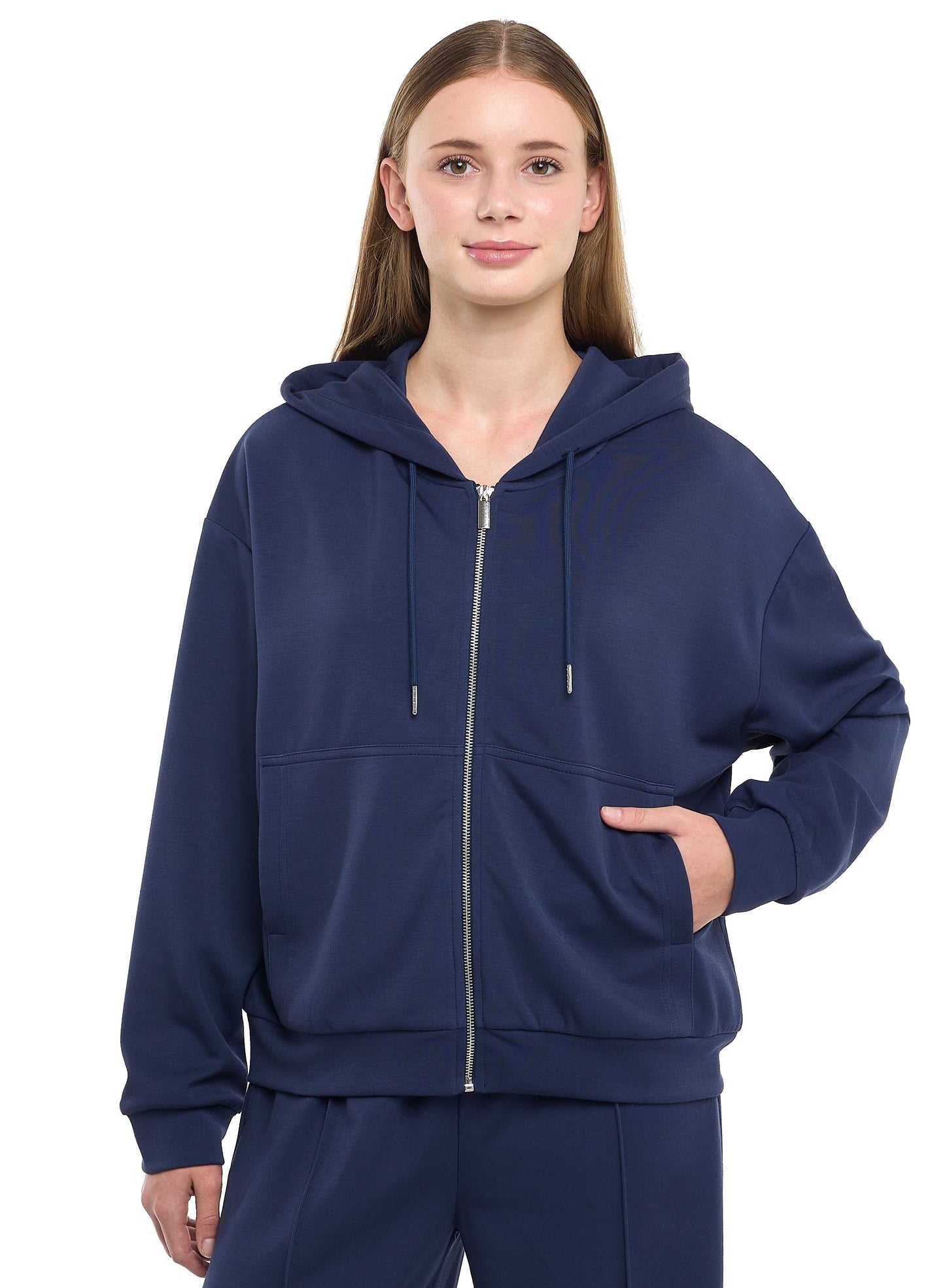 Ladies 2 Piece Set- Navy Zip-Up Hoodie & Wide-Leg Trousers Set