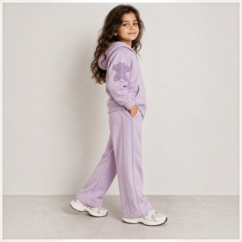 victor and jane girls lavender fleece zip-up hoodie and wide-leg pants set with textured sleeve detail