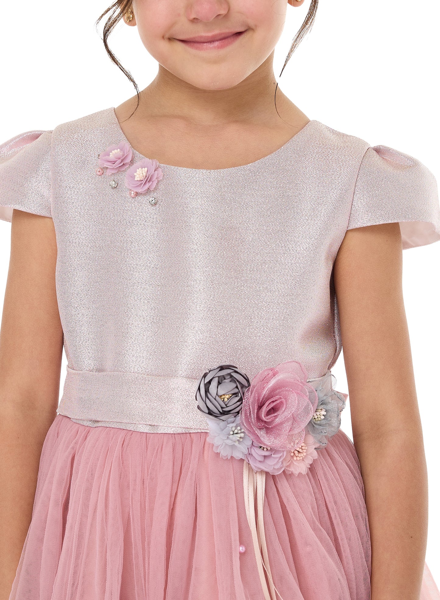 Girls Old Rose Jacquard & Tulle Dress With Flower Decoration