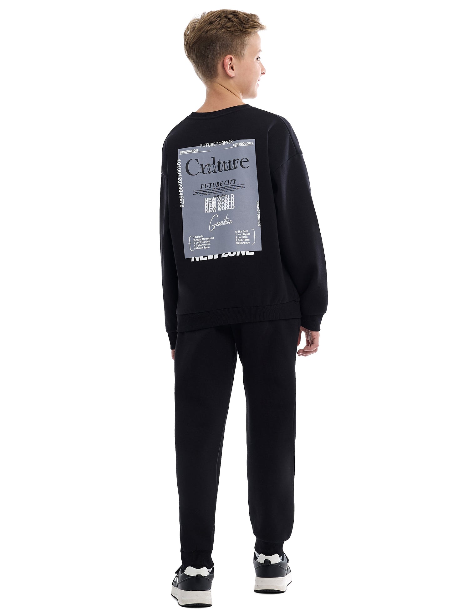 Boys Black Sweatshirt & Jogger Set with Printed Patch Design