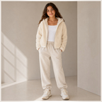 victor and jane girls cream faux fur full zip hoodie jacket worn with matching joggers and white t-shirt