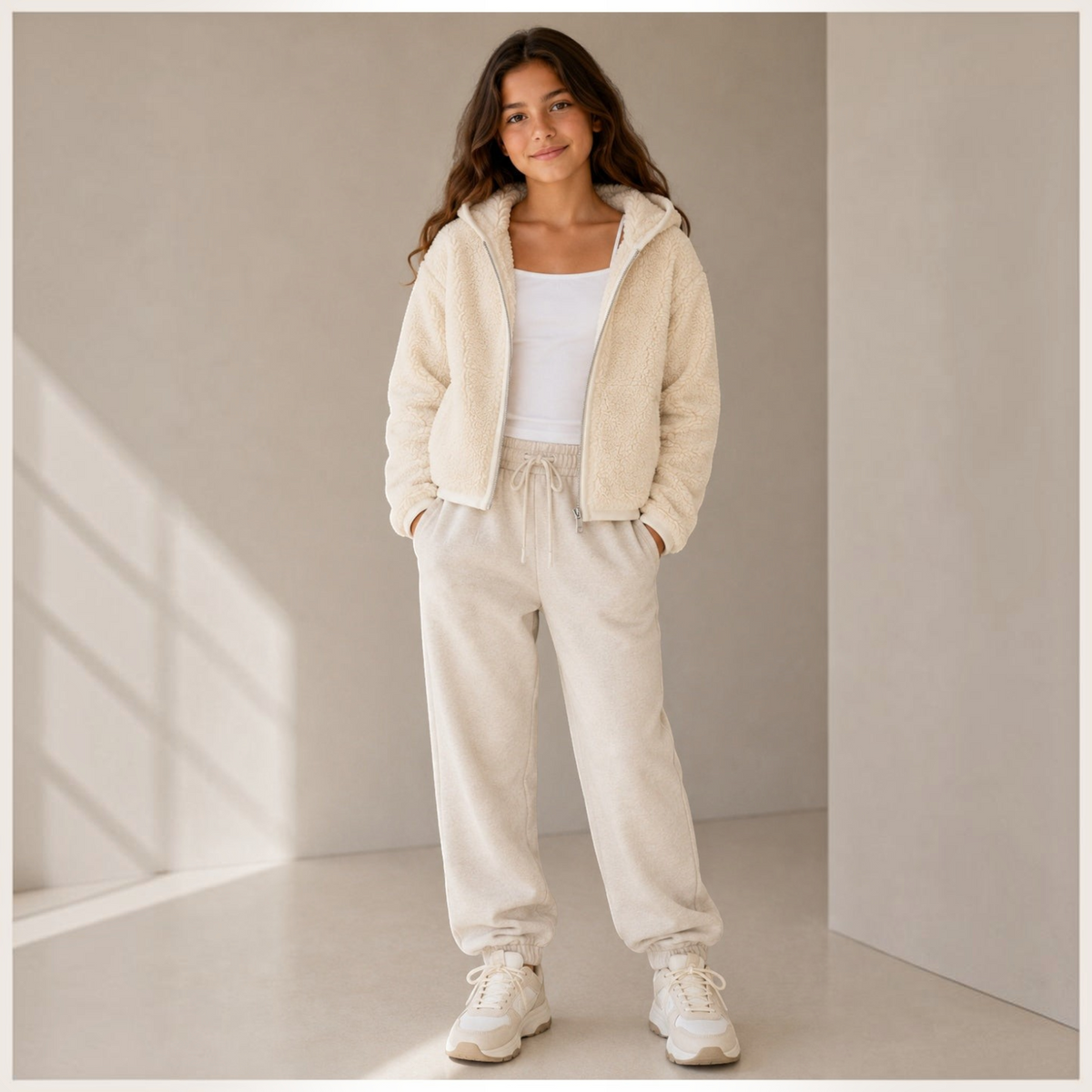 victor and jane girls cream faux fur full zip hoodie jacket worn with matching joggers and white t-shirt
