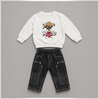 victor and jane boys 2-piece set with white cotton sweatshirt featuring a dog print and black denim cargo pants