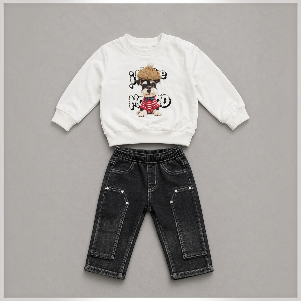 victor and jane boys 2-piece set with white cotton sweatshirt featuring a dog print and black denim cargo pants