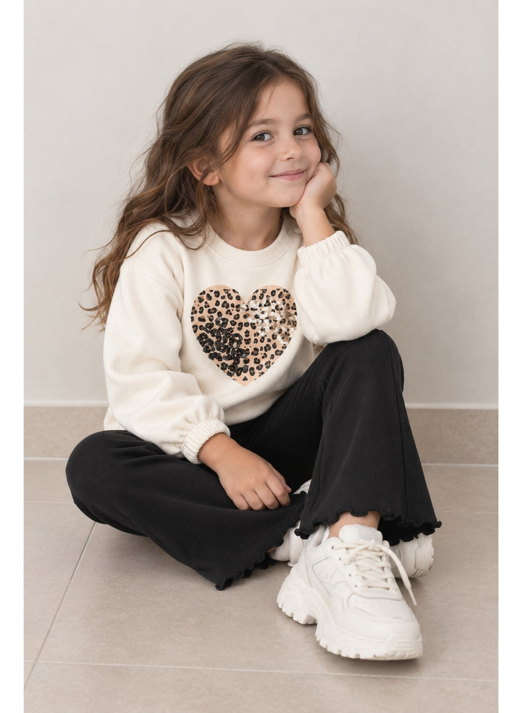 Girls Heart Graphic Sweatshirt and Ribbed Flared Pants Set