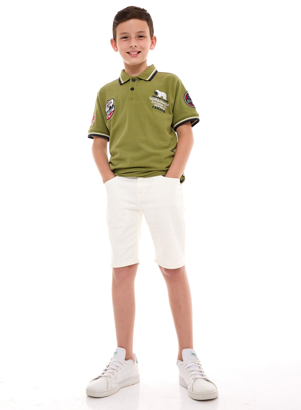 Victor and Jane Cotton Patch Detail Short Sleeve T-Shirt & Shorts/Co-ord Set - Olive Green