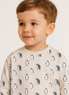 Dirkje Cotton Penguins Printed Full Sleeves Sweatshirt & Joggers Set - Off White/Navy Blue