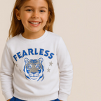 A young girl wearing a white victor and jane cotton sweatshirt with a blue Fearless tiger graphic and silver stars.
