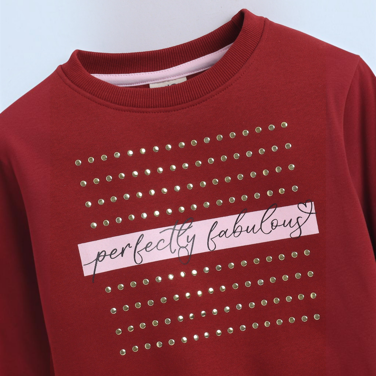 victor and jane girls red sweatshirt featuring gold stud embellishments and a perfectly fabulous graphic print